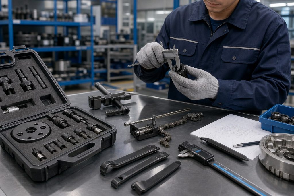 Quality inspection of motorcycle repair tools at a supplier workshop