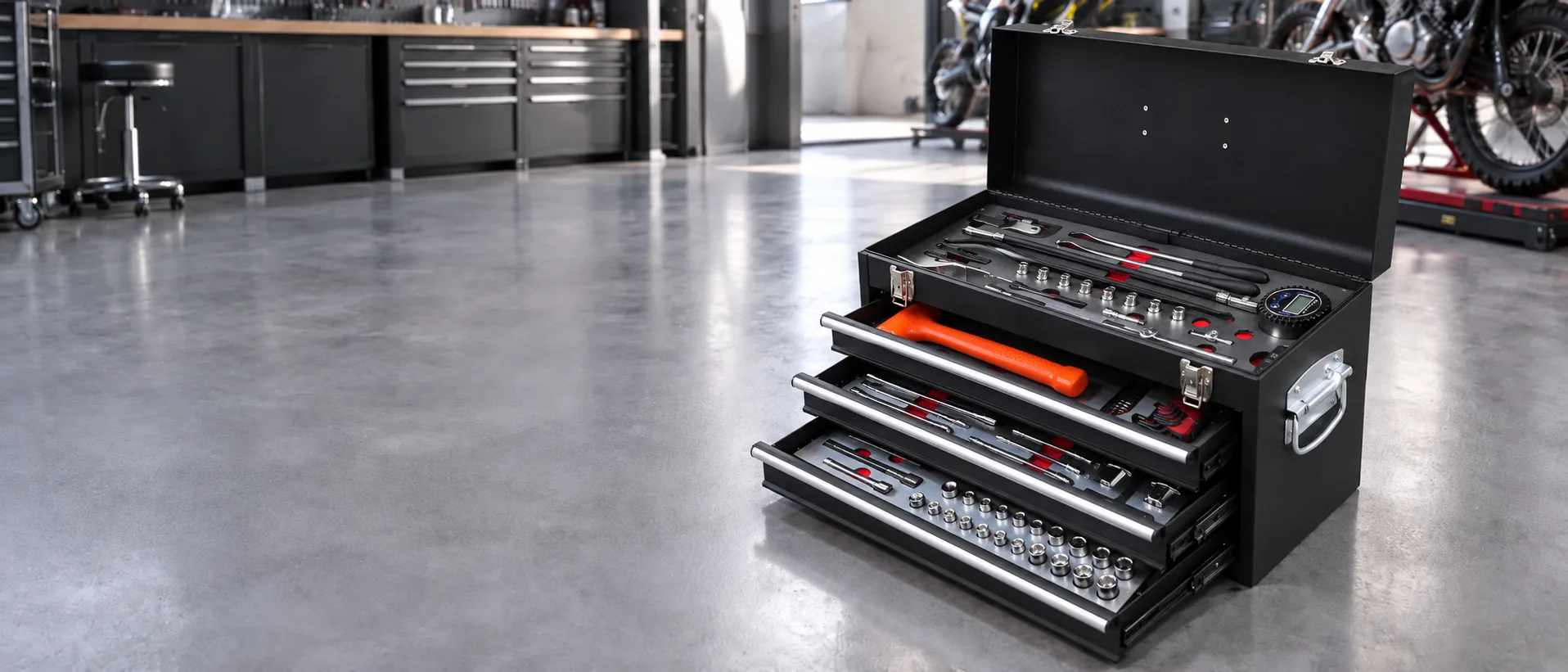 Professional motorcycle repair tool kit with organized tools for workshops and custom solutions